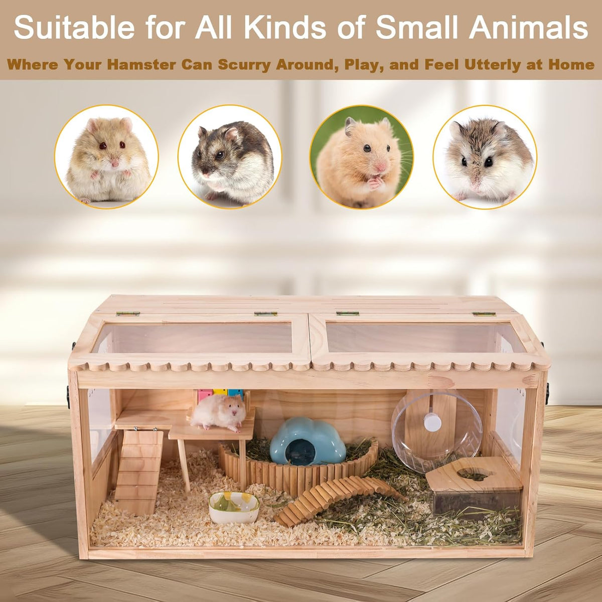 Wooden Hamster Cage, 32"x16"Guinea Pig Cage, Small Animal Cage for Dwarf Syrian Hamsters Degus Mice