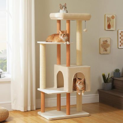 PAWZ Road Large Cat Tree, 53 Inches Modern Wooden Cat Tower for Indoor Large Cats, Multi-Level Cat