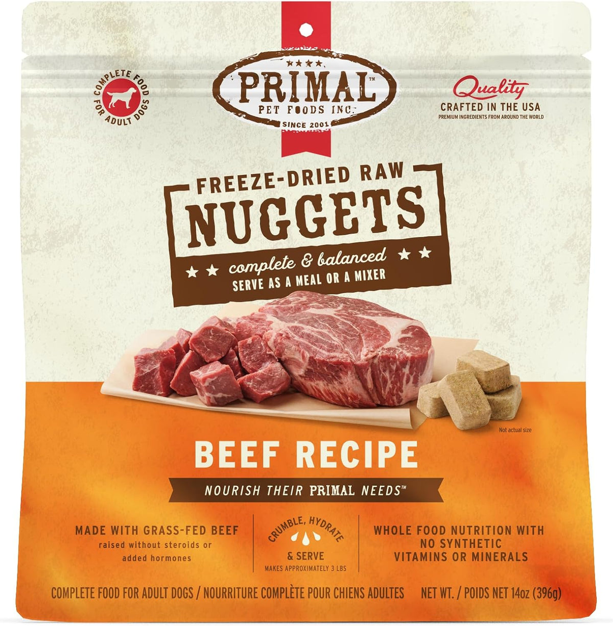 Primal Freeze Dried Raw Dog Food Nuggets, Beef, Complete & Balanced Meal, Also Use as Topper or