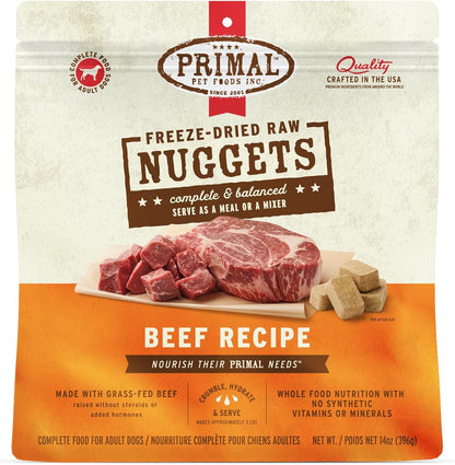 Primal Freeze Dried Raw Dog Food Nuggets, Beef, Complete & Balanced Meal, Also Use as Topper or