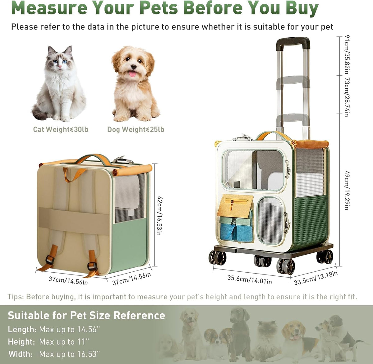 Cat Carrier with Wheels, Soft Rolling Pets Carrier Collapsible on Wheel Pet Handbag Cats Backpack