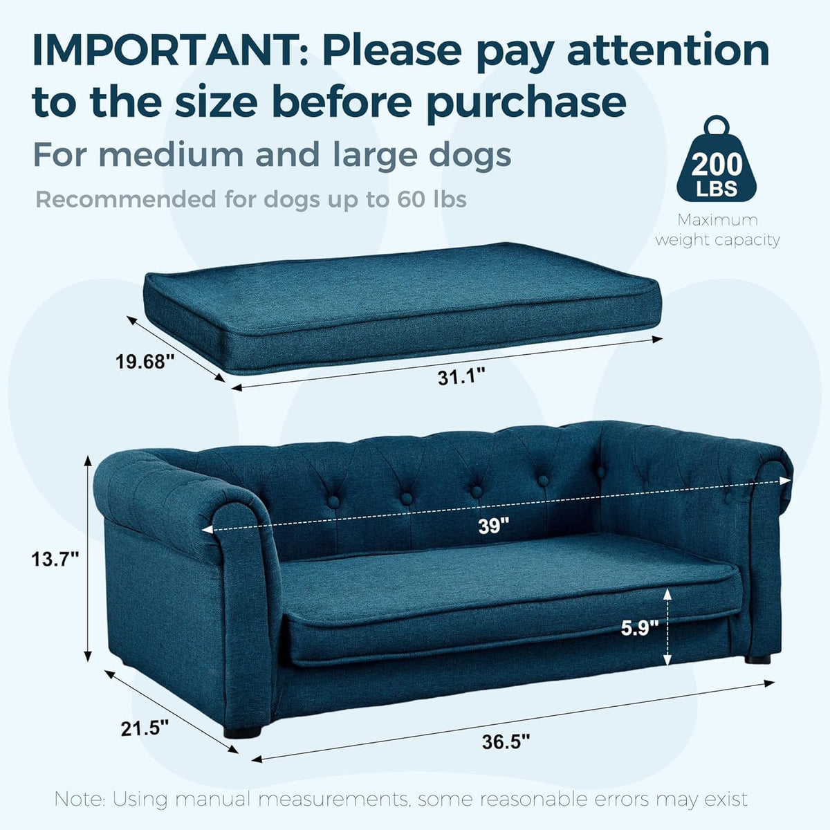 Dog Sofa Couch for Medium to Large Dogs, 31" Memory Foam Dog Couch with Washable Fabric, Removable