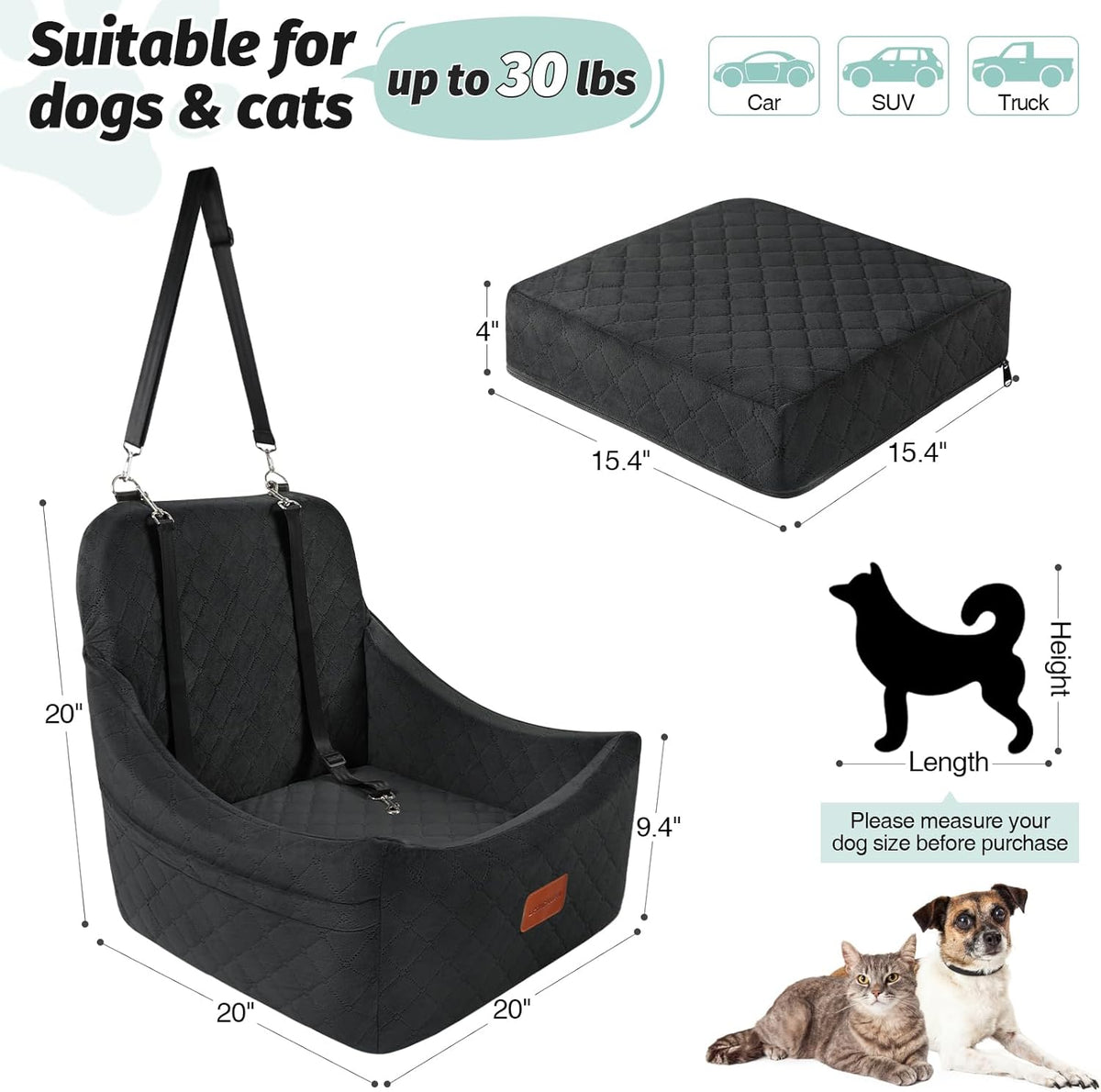 Dog Car Seat for Dogs Up to 35lbs,Fully Detachable and Washable,Memory Foam Covered Soft