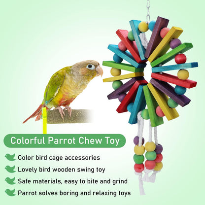 Parrot Hanging Chew Toy Bird Bite Swing with Colorful Wood Beads Bells for Parrot Macaw African