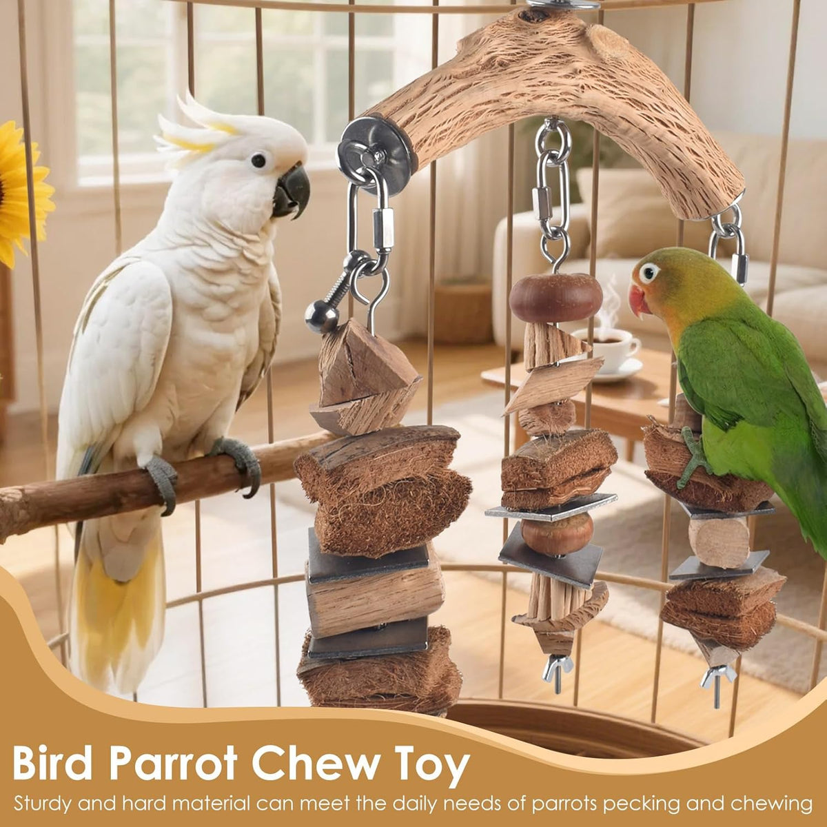 Bird Parrot Toys, Large Birds Wooden Chew Blocks with Stainless Steel Cage Hanging Bite Toy for