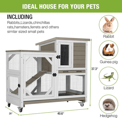 GUTINNEEN Rabbit Hutch Indoor Mobile Bunny Cage with Run Wooden 2 Story Guinea Pig Cage Outdoor for