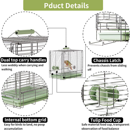 Bird Carrier Travel Cage - 304 Stainless Steel Portable Folding Bird Travel Cage with Parrot Feeder