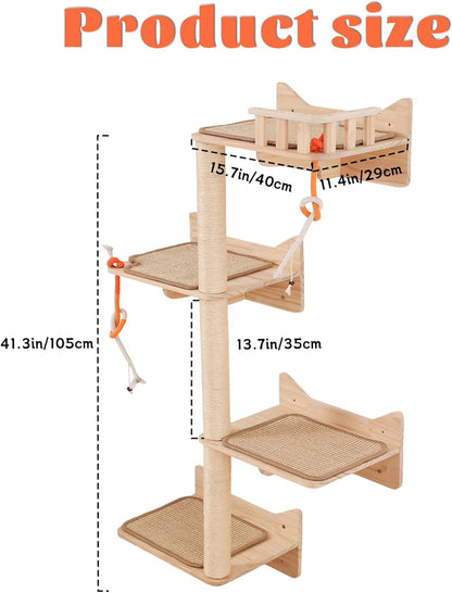Wall Mounted Cat Tree - 7 PCS Cat Wall Shelves & Perches with Tall Sisal Scratching Posts, Wall