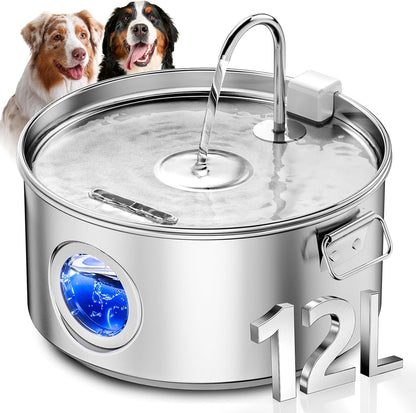 Dog Water Fountain for Large Dogs, 3.2Gal/406oz/12L Stainless Steel Pet Water Fountain, Quiet Dog