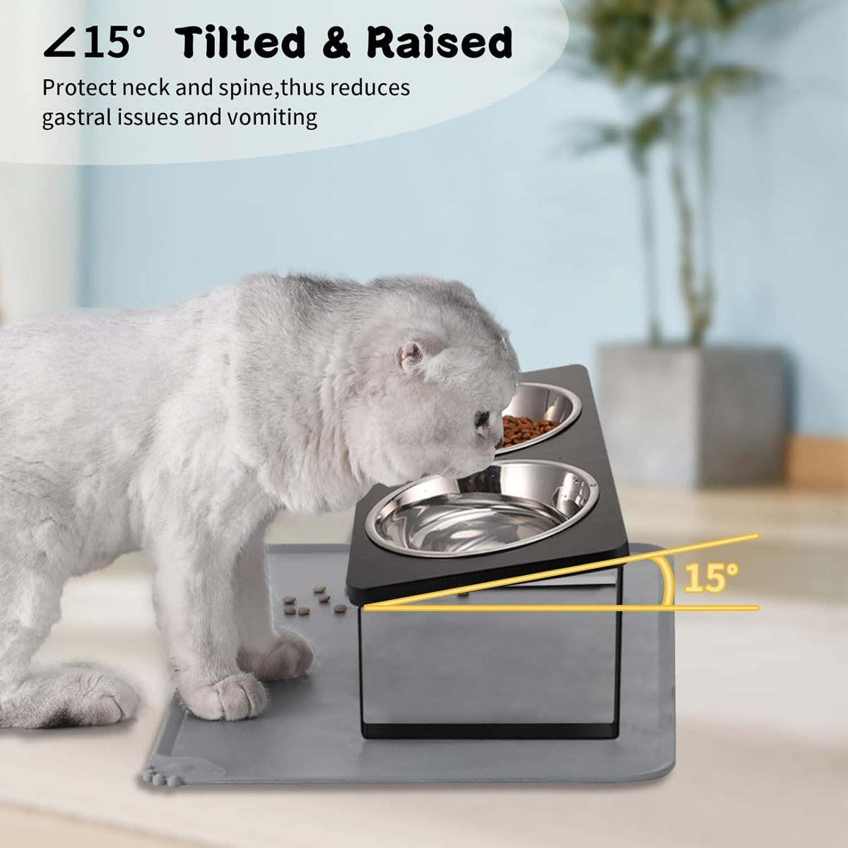 Upgraded Elevated Cat Bowls with Food Mat,15°Tilted Stand Anti Vomiting Raised Cat Dishes for Food