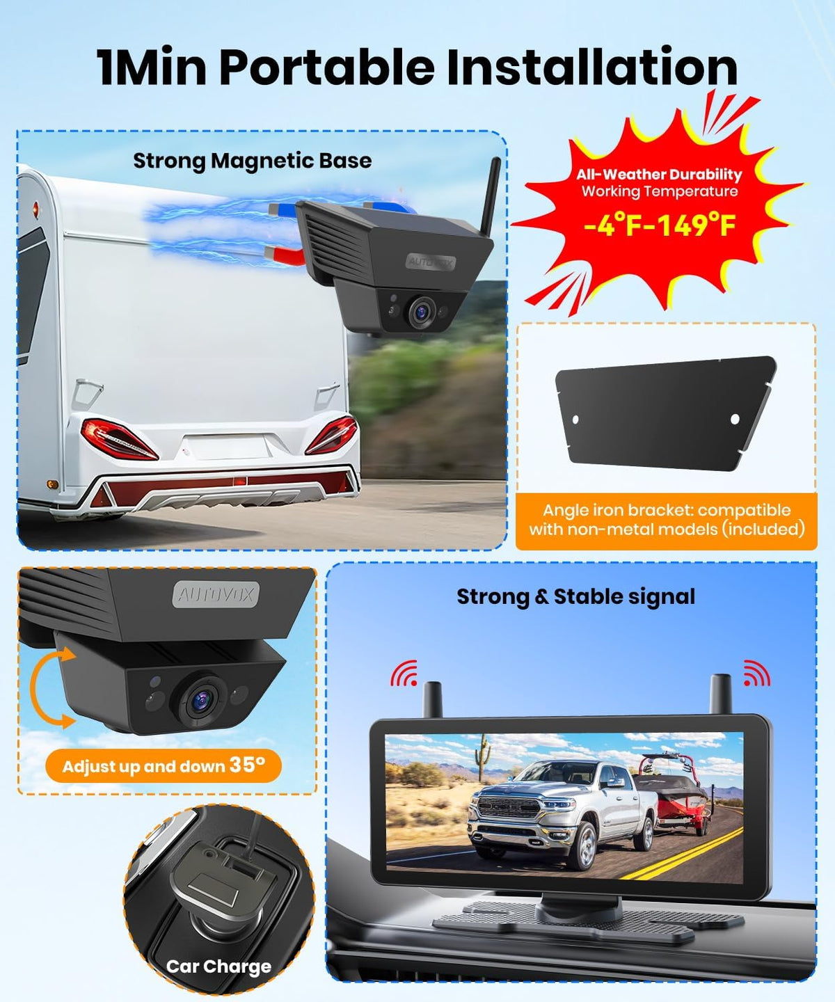 AUTO VOX Wireless Backup Camera Solar Magnetic: with 7.2" DVR 1080P 2 Split Recording Monitor, Dual
