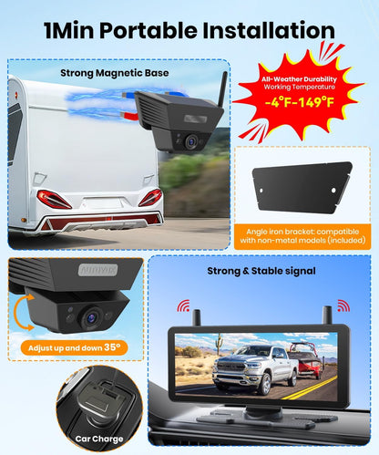 AUTO VOX Wireless Backup Camera Solar Magnetic: with 7.2" DVR 1080P 2 Split Recording Monitor, Dual