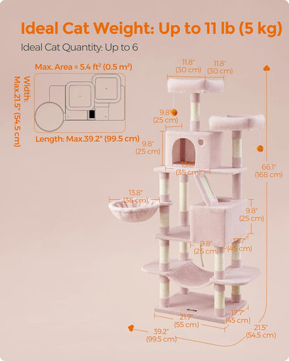 Feandrea Cat Tree, 66.1-Inch Large Cat Tower with 13 Scratching Posts, 2 Perches, 2 Caves, Basket