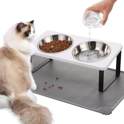 Upgraded Elevated Cat Bowls with Food Mat,15°Tilted Stand Anti Vomiting Raised Cat Dishes for Food