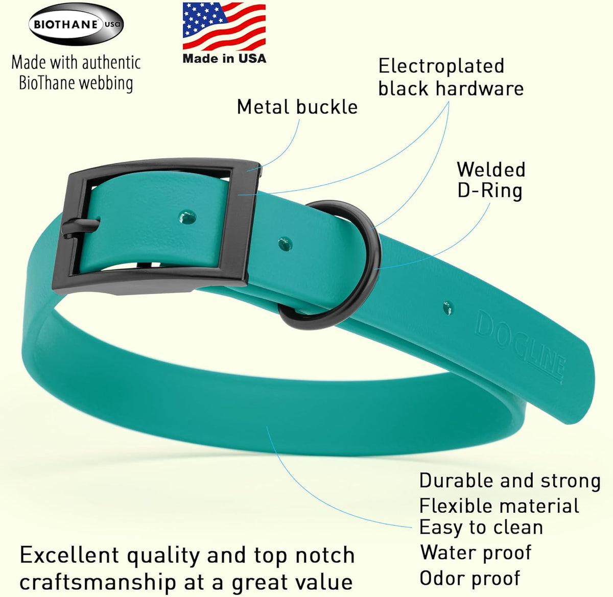 Dogline Biothane Waterproof Dog Collar Strong Coated Nylon Webbing with Black Hardware Odor- Proof