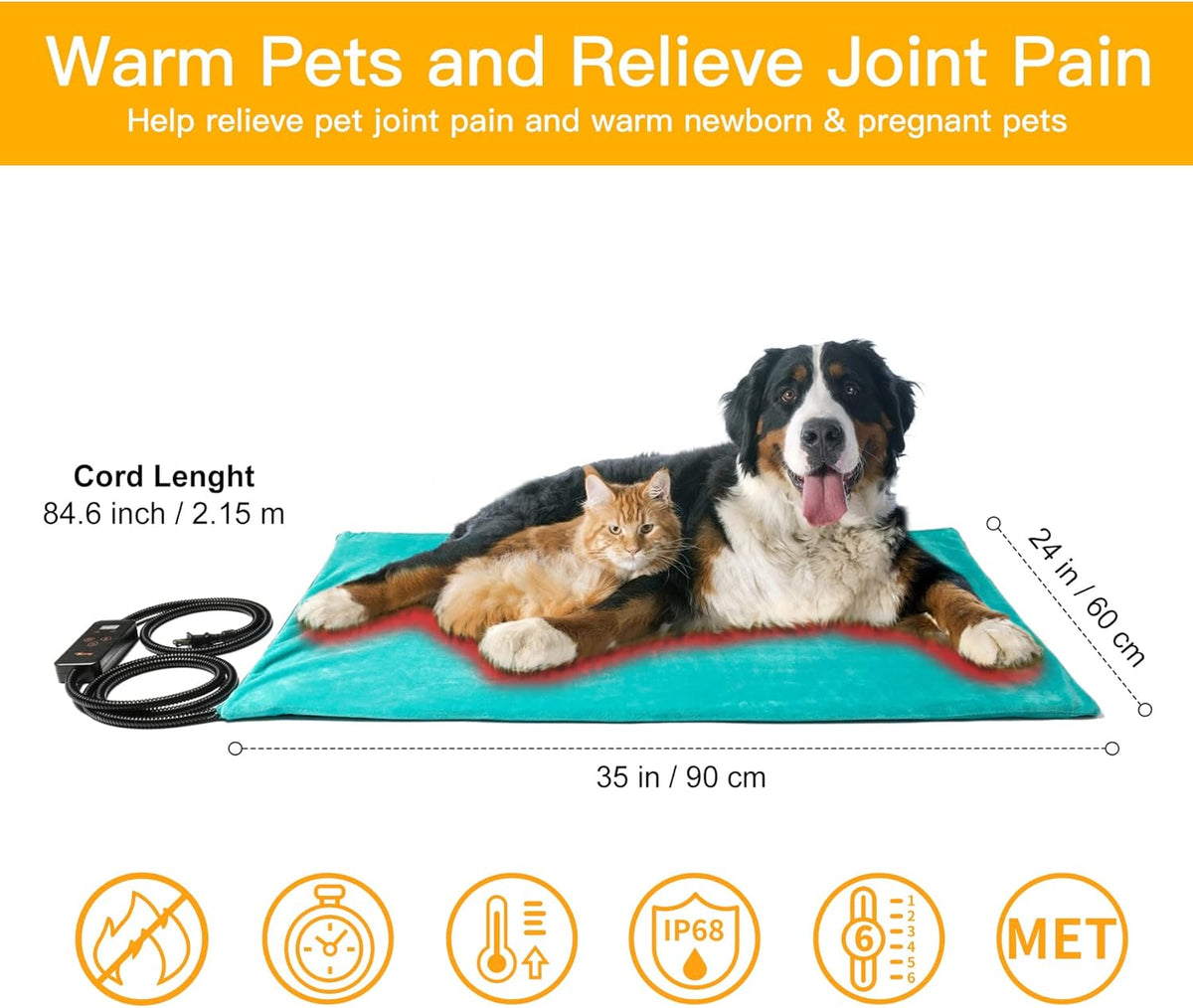 Toozey Large Pet Heating Pad, 6 Adjustable Temperature Dog Cat Heating Pad with Timer, Waterproof