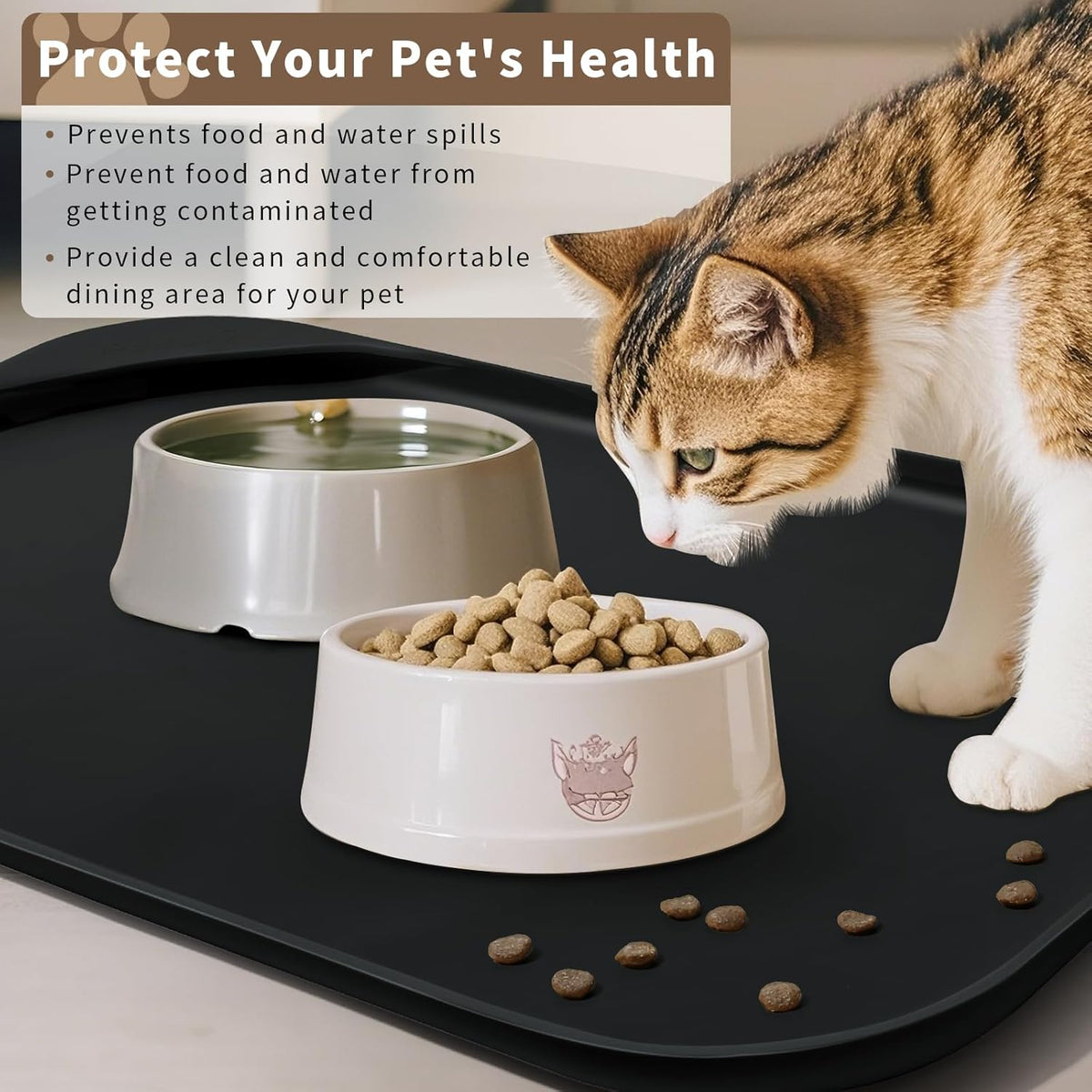 Silicone Pet Feeding Mat with Raised Edge & Residue Collection Pocket for Food and Water, Dog Bowl