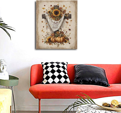Christian Fall Wall Art Autumn Rustic Cross Sunflower Pumpkin Wall Decor Fall for Jesus He Never