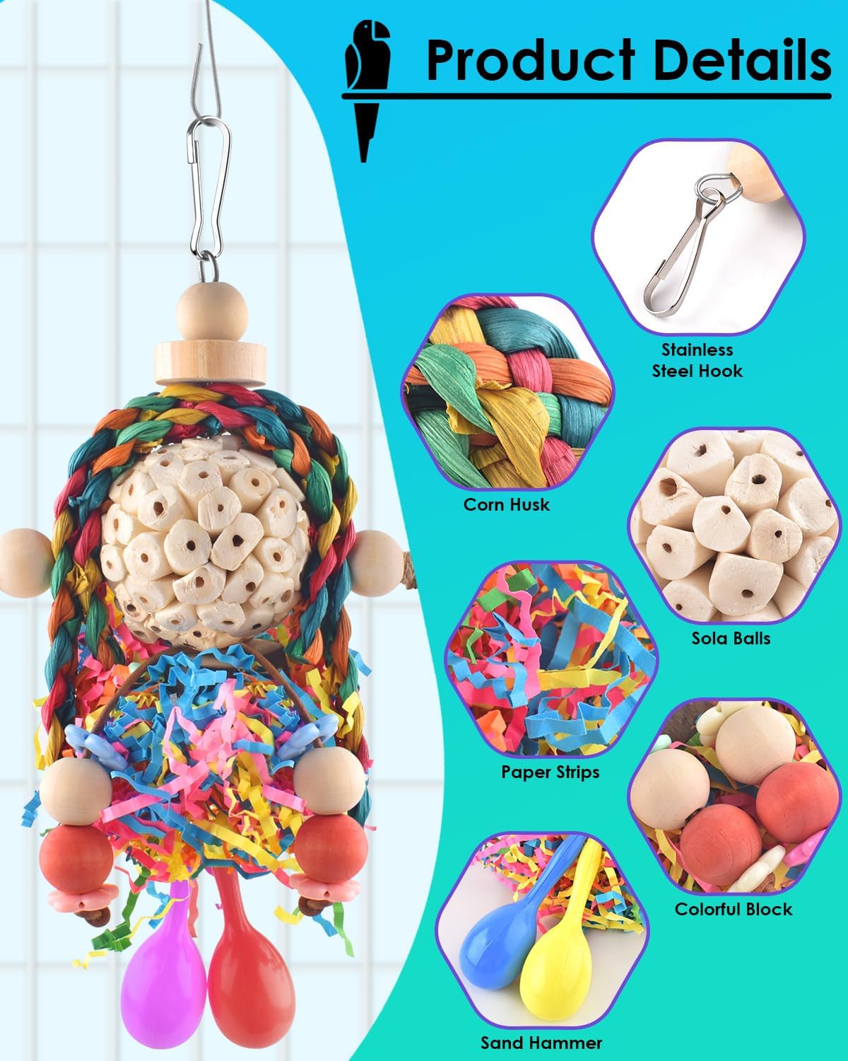 Bissap Conure Toys, 2PCS Bird Parrot Foraging Shredder Hanging Toys Sola Balls with Sand Hammer for