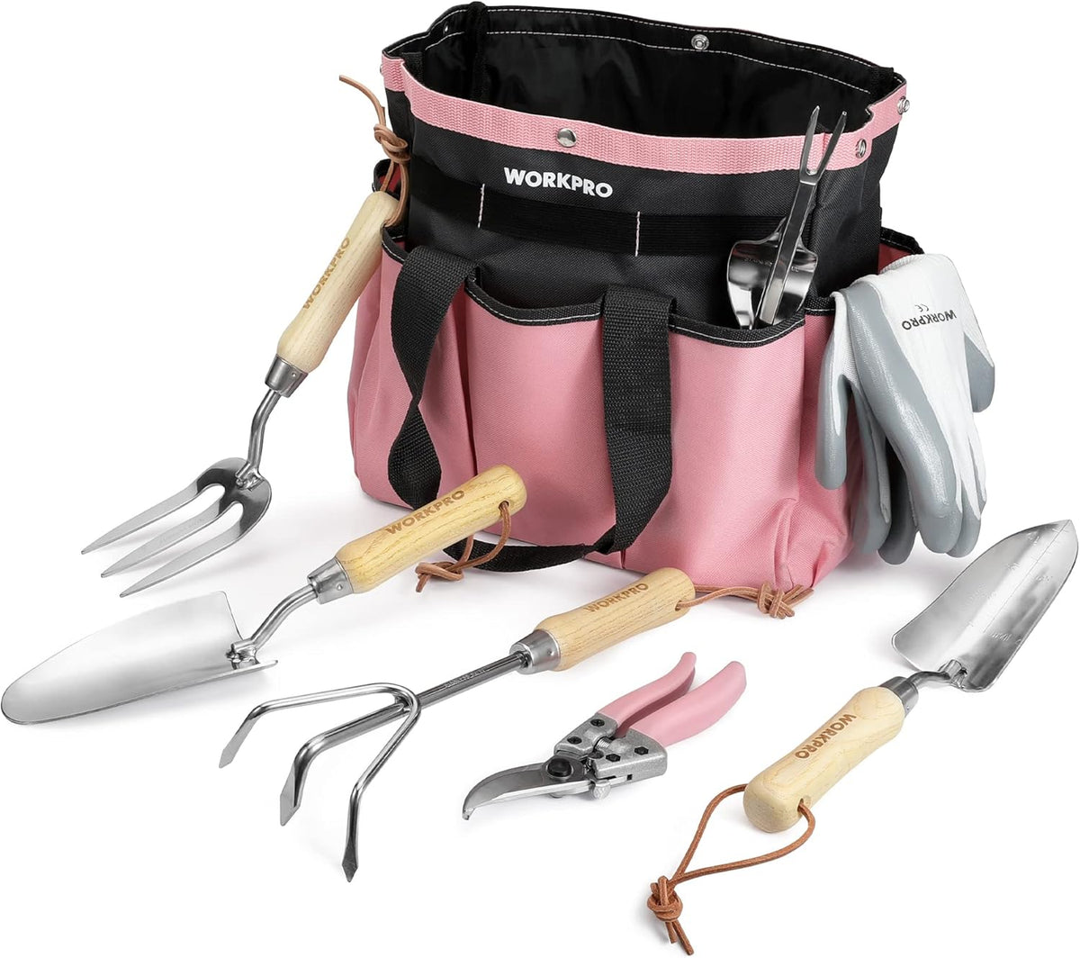 WORKPRO 8-Piece Pink Garden Tool Set, Stainless Steel Gardening Tools with Wood Handle, Including