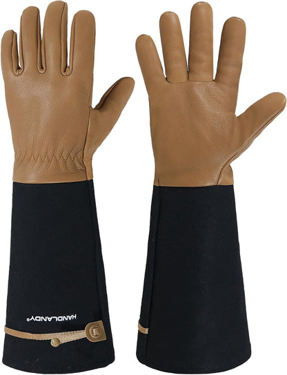 HANDLANDY Long Gardening Gloves for Men & Women, Cowhide Leather Rose Pruning Gloves, Breathable