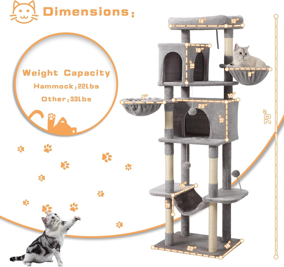 70-Inch Cat Tree,Large Cat Tree Tower with Hammock, Scratching Post, Condo and Multi-Level Cat