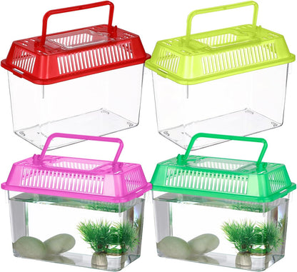 NOLITOY 4pcs Mini Fish Tank, Plastic Fish Box Breeding Case with Handle Desktop Reptile Carrier