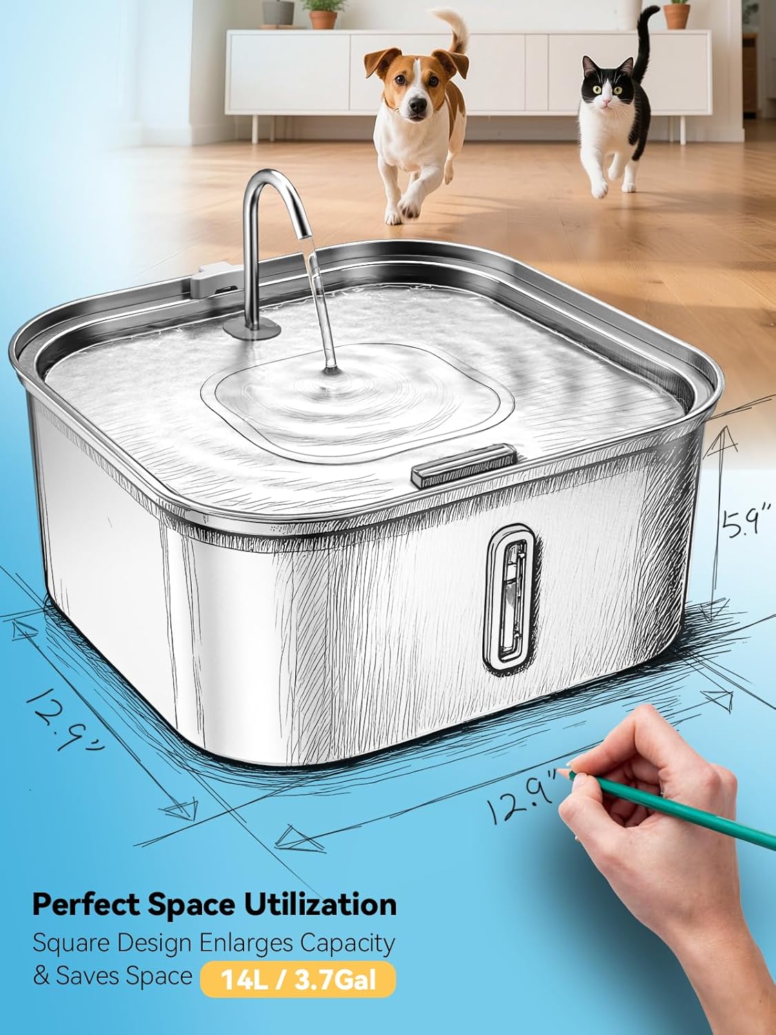 Large Dog Water Fountain 14L/3.7Gal, Stainless Steel Pet Fountain for Large Dogs and Multi-Pets