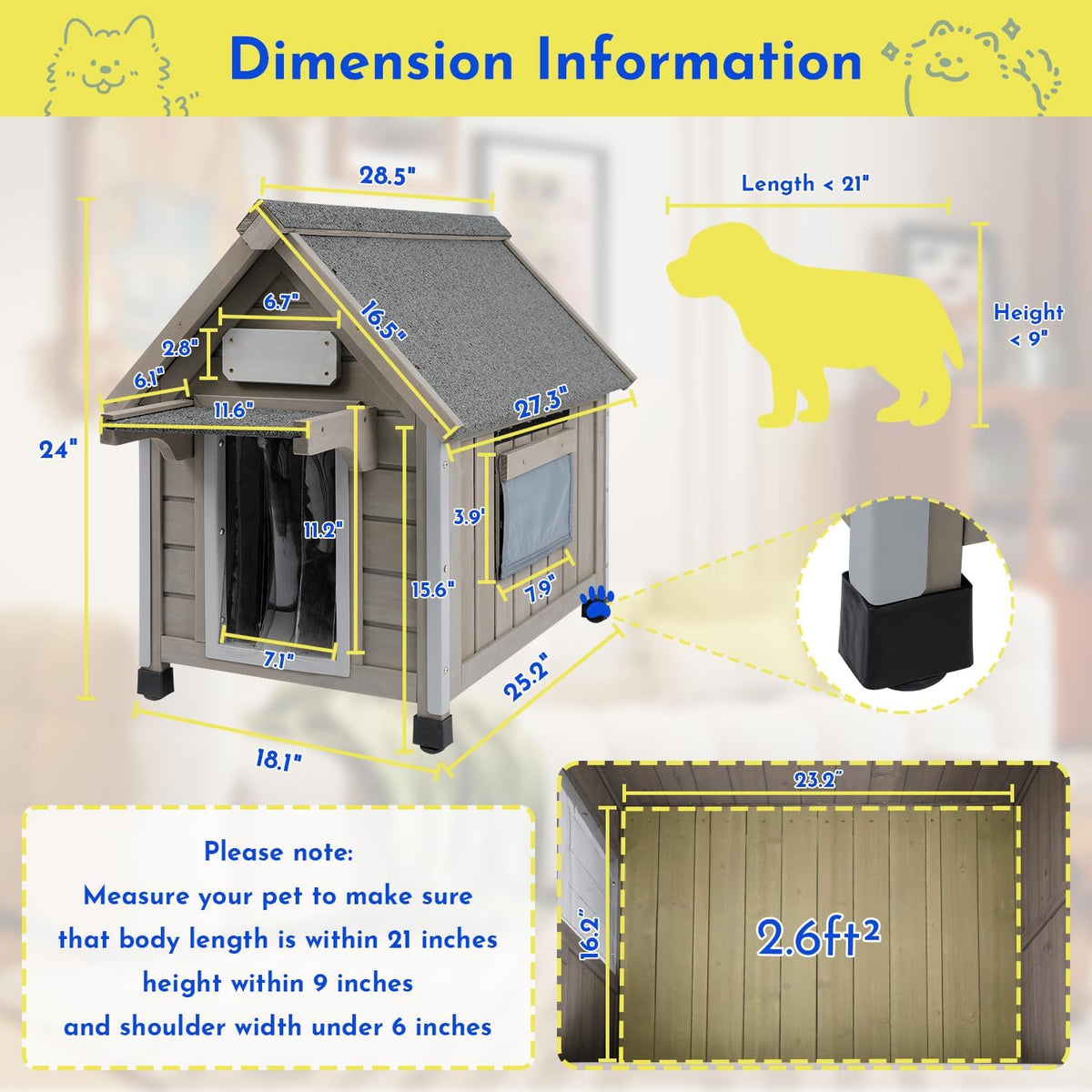Outdoor Dog House Weatherproof Large Wooden Dog Kennel Indoor for Small Dogs with Chew-Proof Frame