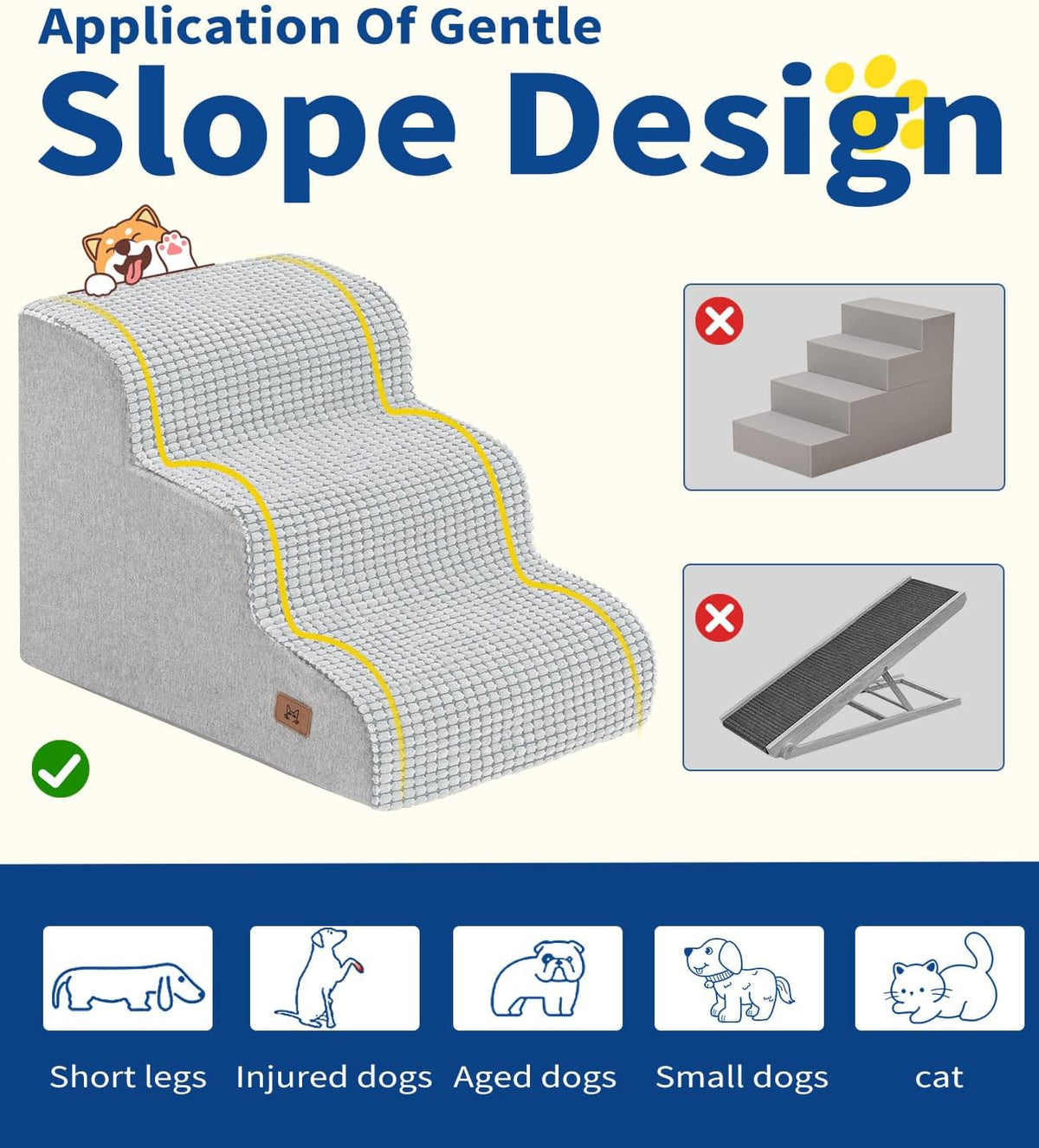 Dog Step for Bed, Dog Stair 3-Step 35D Pet Stair 15.7" H for High Bed or Sofa Non-Slip Balanced Pet