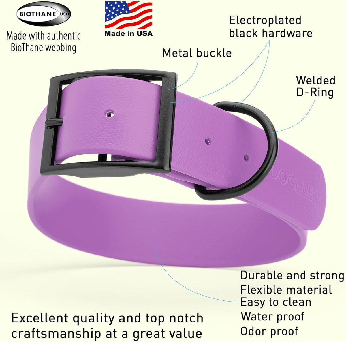 Dogline Biothane Waterproof Dog Collar Strong Coated Nylon Webbing with Black Hardware Odor- Proof