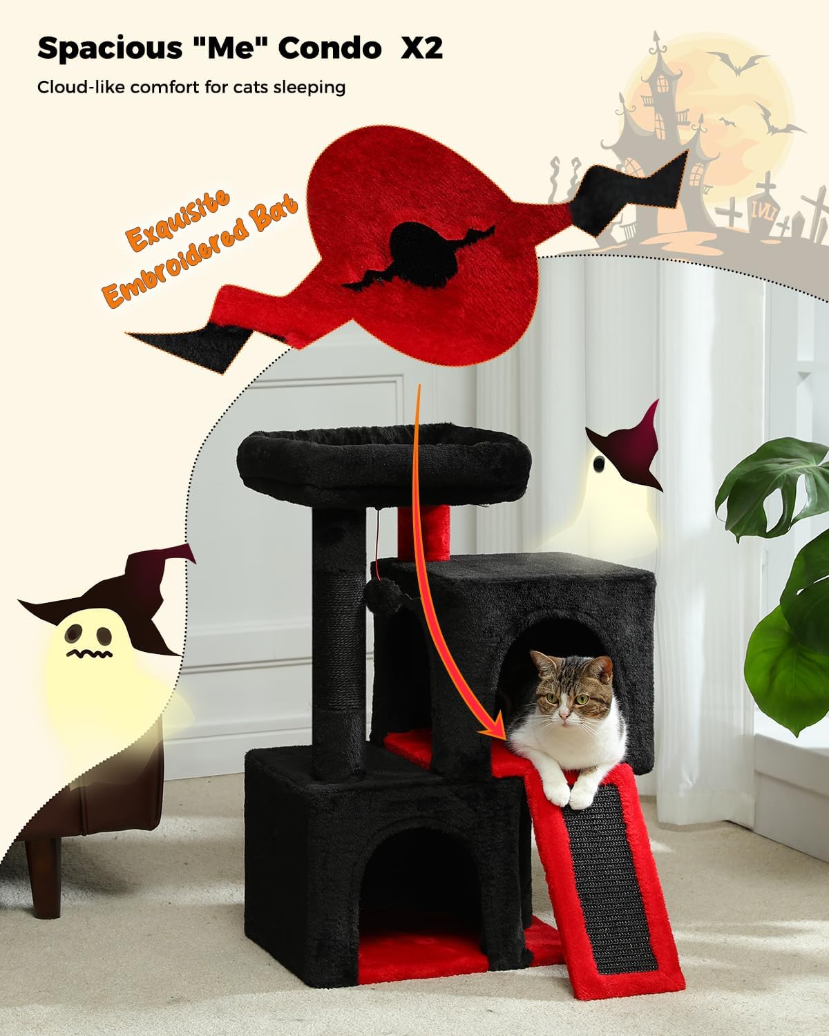 PAWZ Road Gothic Cat Tree, 30 Inches Black Cat Tower with Dual Condos for Indoor Cats, Spooky Cat