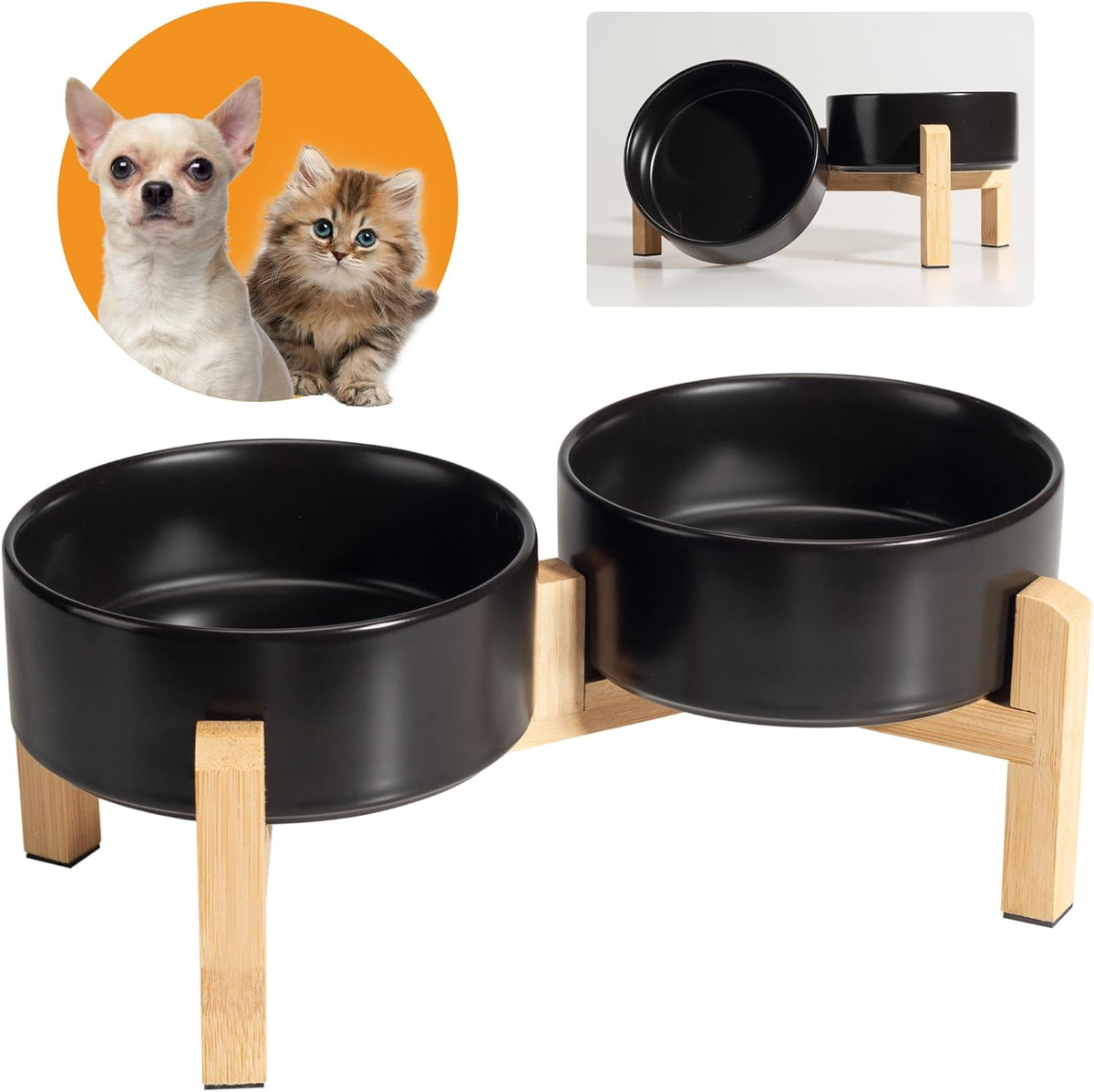 Elevated Ceramic Dog Bowl Set - Raised Feeding Bowls with Non-Slip Bamboo Stand - Small Pet Dishes