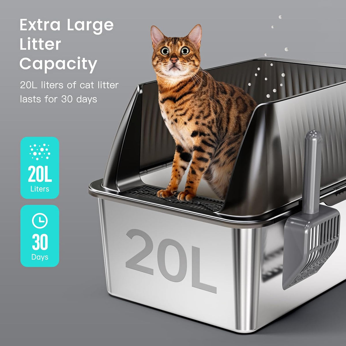 Tripamin 15” XL Stainless Steel Cat Litter Box Enclosure, XXL Stainless Steel High Sides with Lid