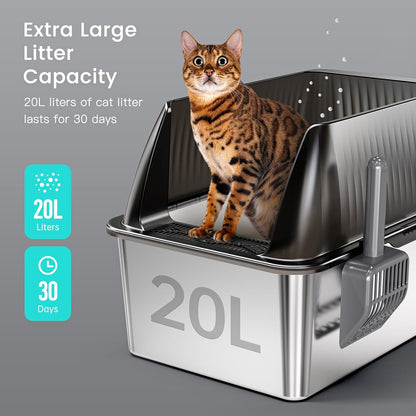 Tripamin 15” XL Stainless Steel Cat Litter Box Enclosure, XXL Stainless Steel High Sides with Lid