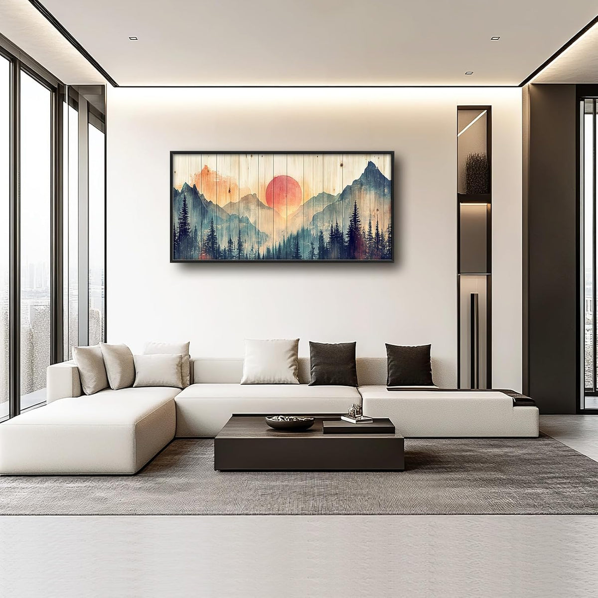 Framed Large Cabin Mountain Wall Art for Living Room, Oversized Rustic Forest Wall Decor, Rustic