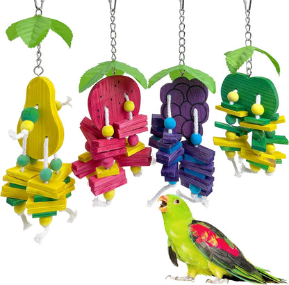Hamiledyi Natural Wood Block Bird Cage Toys Parrot Chewing Toy Apple&Grape&Pear&Strawberry Shaped