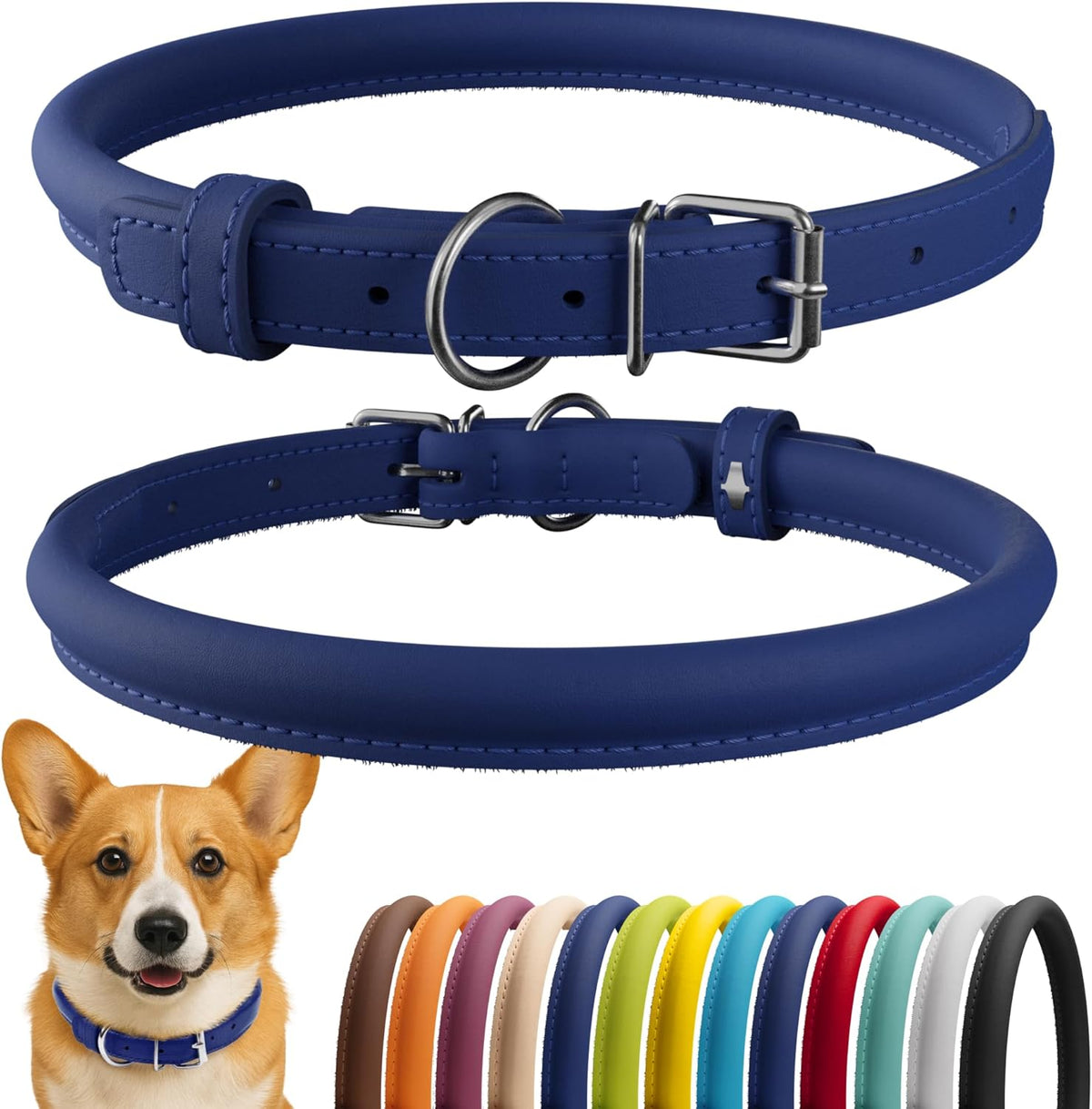 CollarDirect Rolled Leather Dog Collar, Soft Padded Round Puppy Collar, Handmade Genuine Leather
