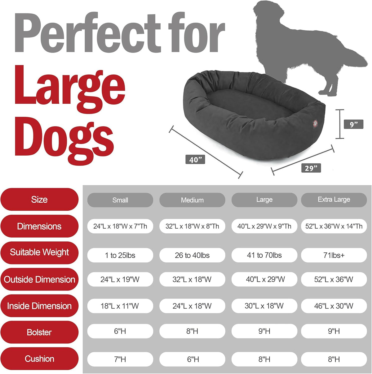 Majestic Pet 40 Inch Suede Shredded Memory Foam Mix Calming Large Dog Bed Washable 40 x 29 x 9