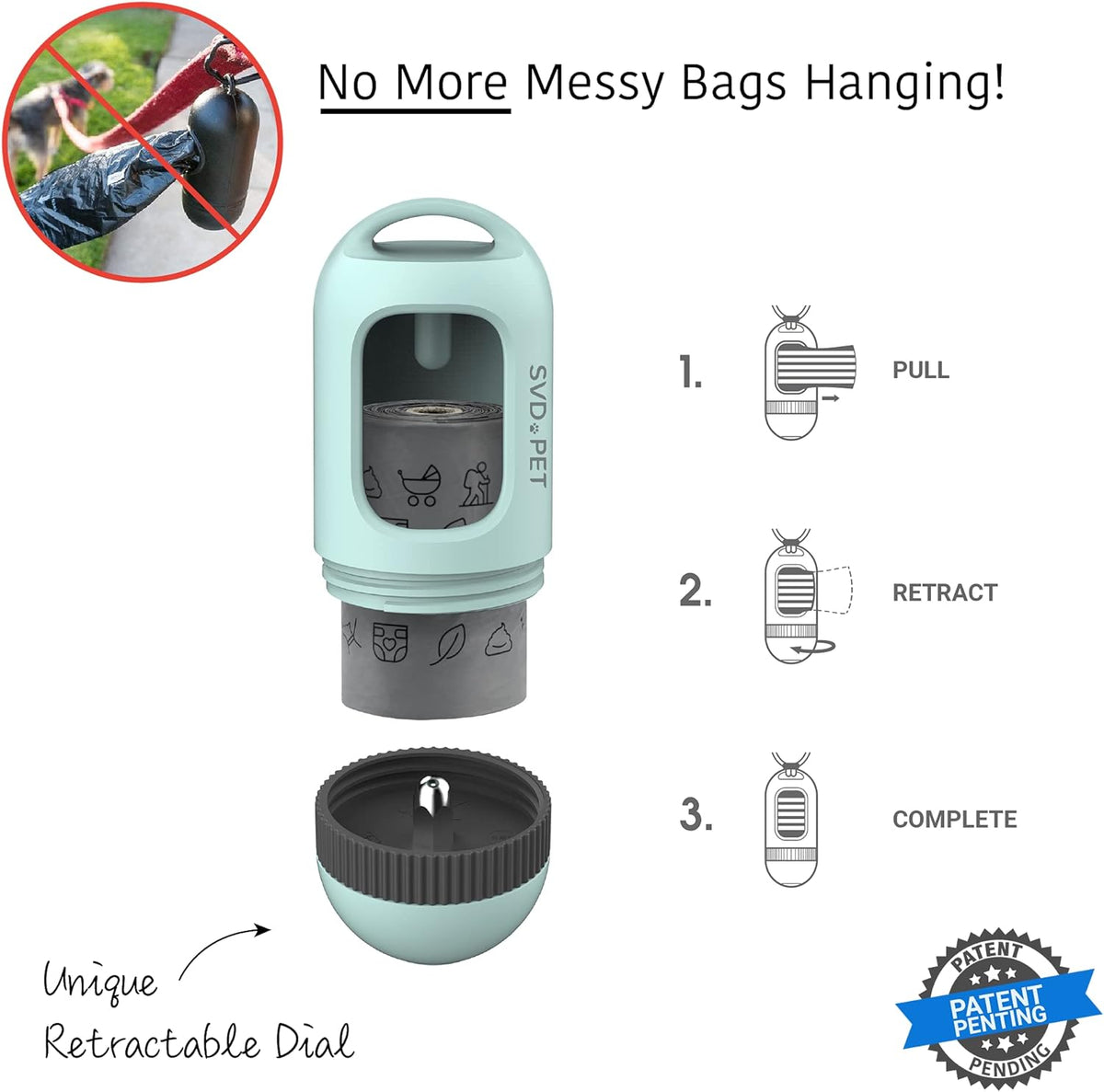 SVD.PET Dog Poop Bag Dispenser, Retractable Waste Bag Fits Any Dog Leash, Leak-proof Waste Bags