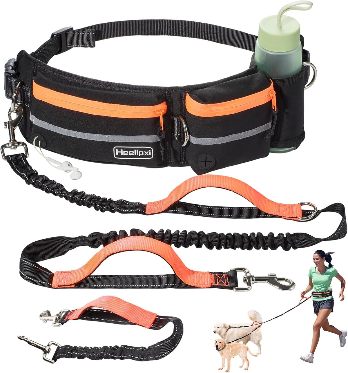 Hands-Free Waist Leash with Pouch for Two Dogs: Reflective Stitching, Dual Handle & Bungee