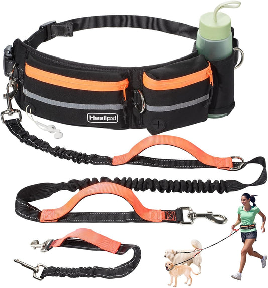 Hands-Free Waist Leash with Pouch for Two Dogs: Reflective Stitching, Dual Handle & Bungee