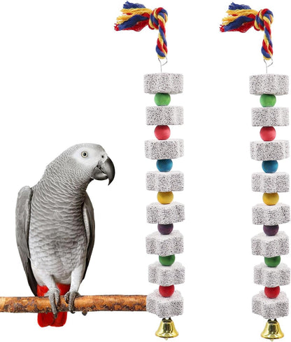 2 Pack Mineral Block Chew Toys with Colorful Beads and a Bell, Bird Beak Grinding Stone, Cage