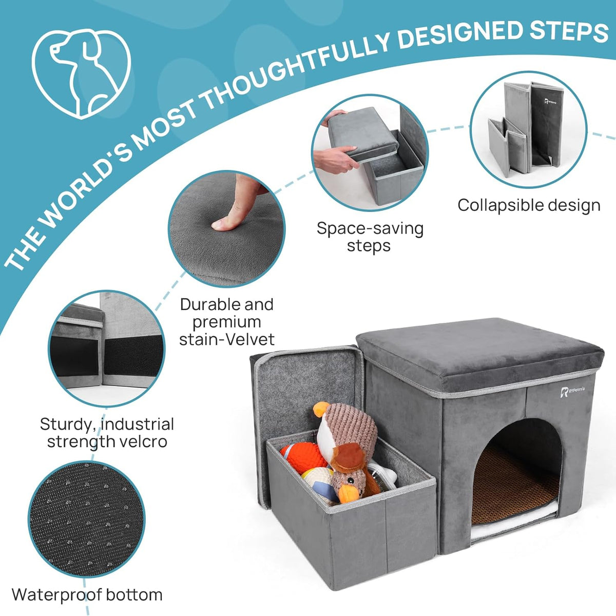 Foldable Pet Stairs for Beds & Sofas - Non-Slip Dog Steps with Storage for Small to Medium Dogs &