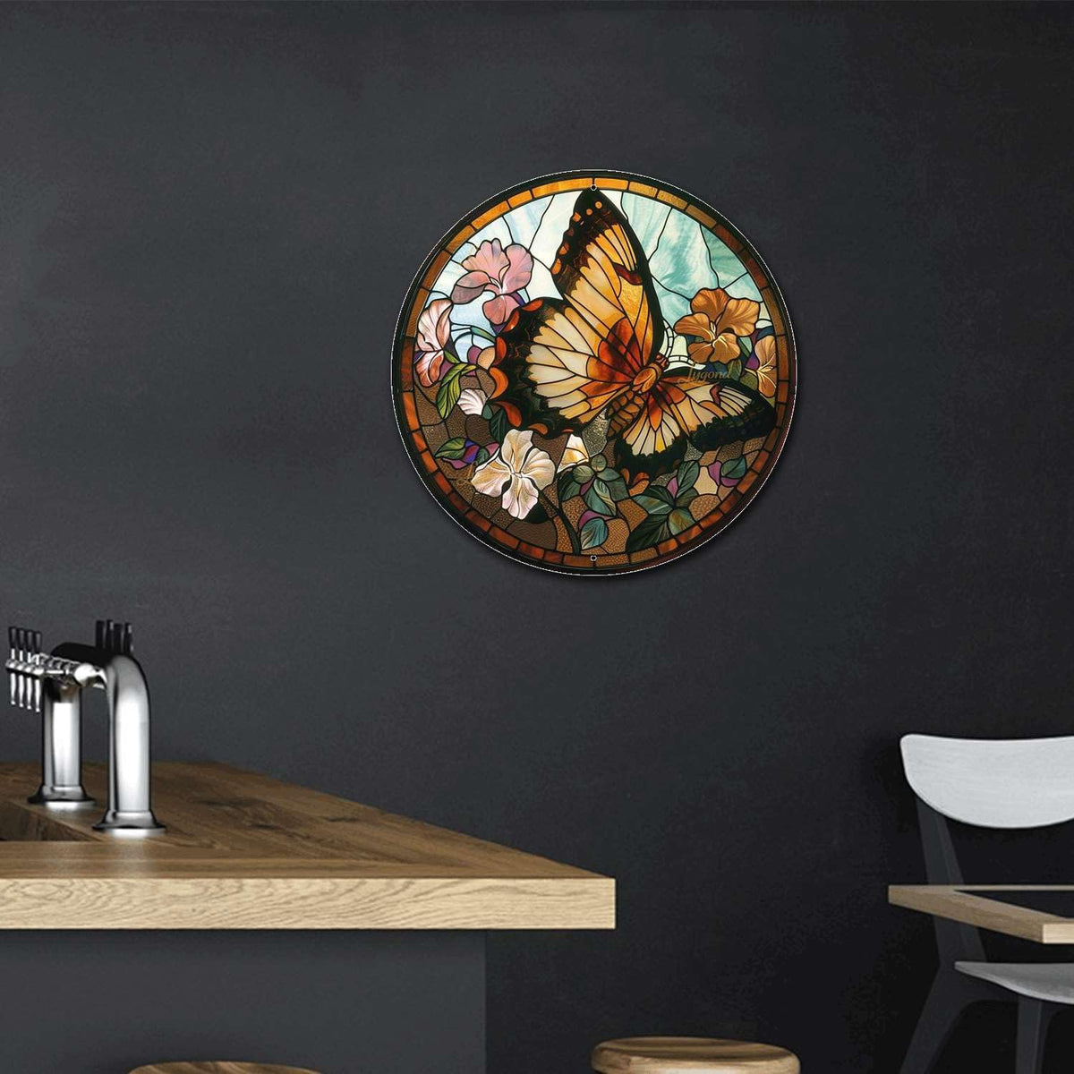 Lygond Metal Sign Tin Sign Circular Stained Glass Butterfly Inspirational Wall Art for Garage 12×12