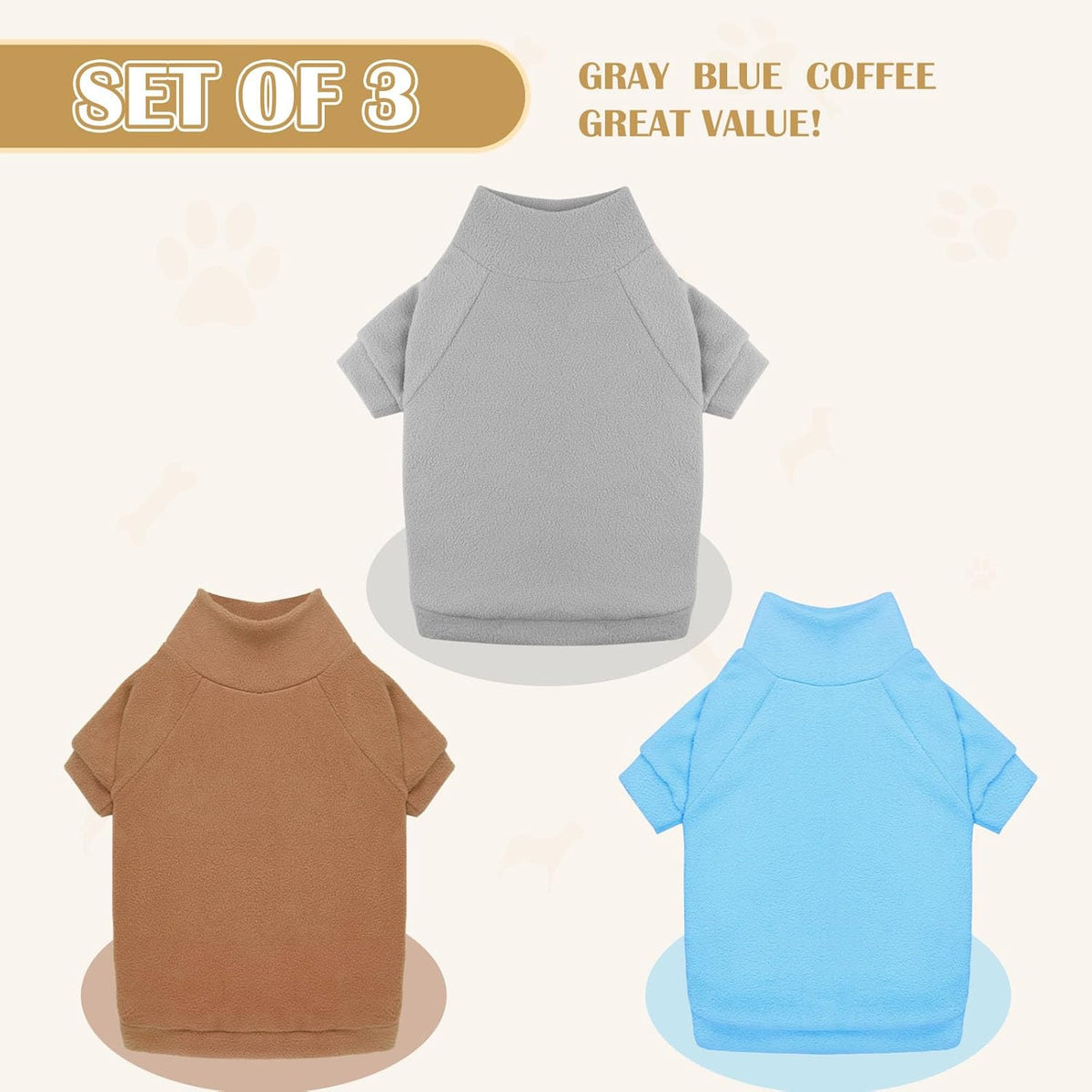 3 Pack Dog Sweaters for Small Dogs, Fleece Dog Sweater Pet Clothes Turtleneck Soft Warm Sweatshirt