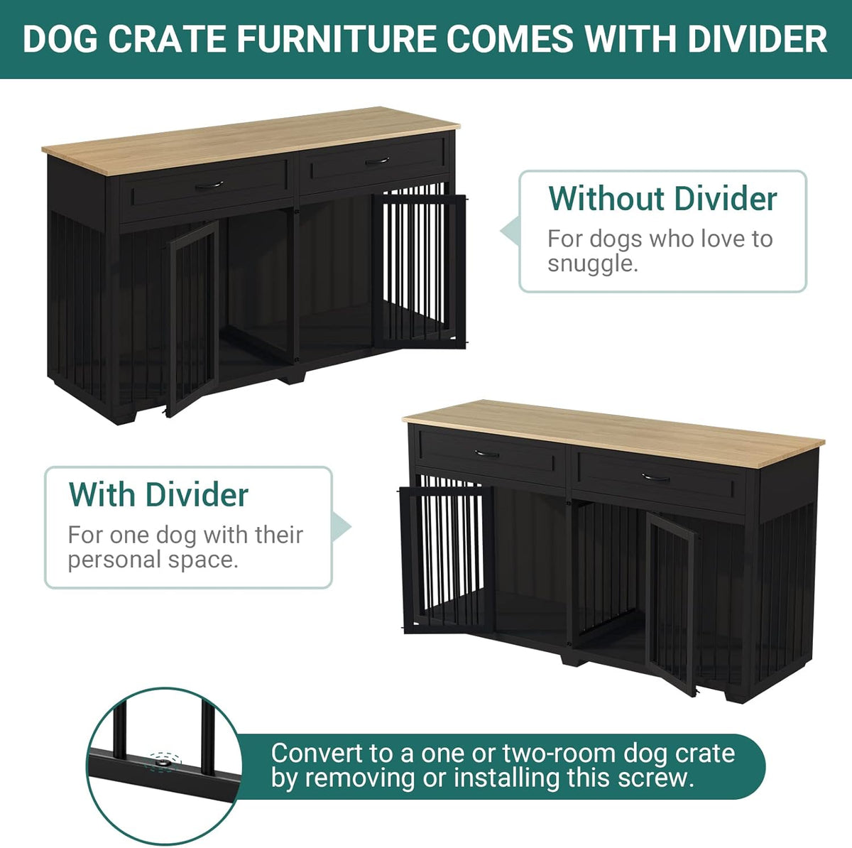 Large Dog Crate with Double Rooms, 72" Heavy Duty Wooden Dog Cage Furniutre Dog Crate Kennel