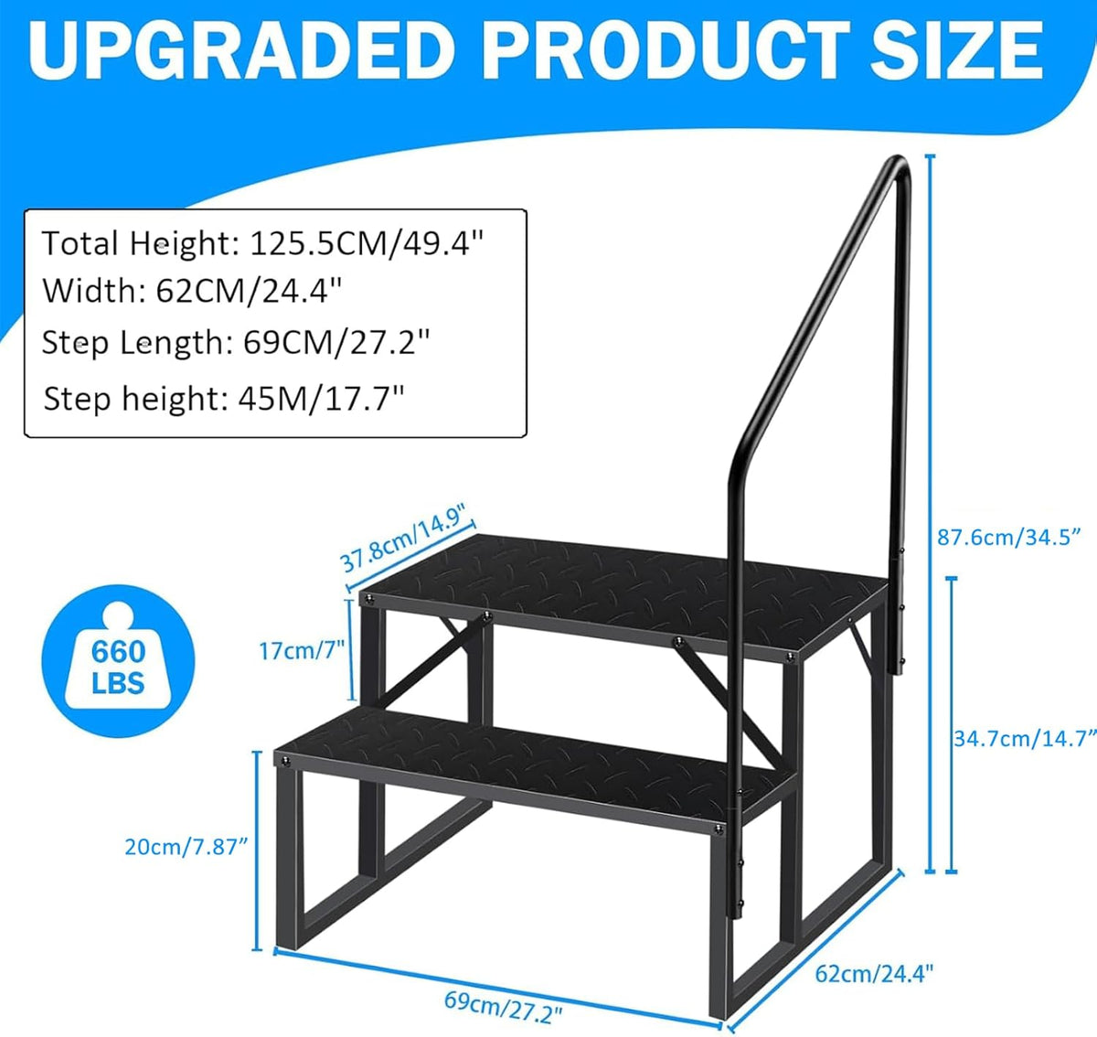 RV Steps with Handrail, 2 Steps Ladder Hot Tub Steps with Handrail, Portable Mobile Home Stairs