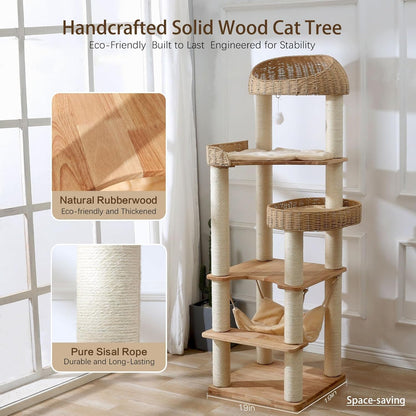 Wooden Cat Tree for Indoor Cats, 62-Inch Tall Cat Tower with Scratching Post for Large Cats, Solid