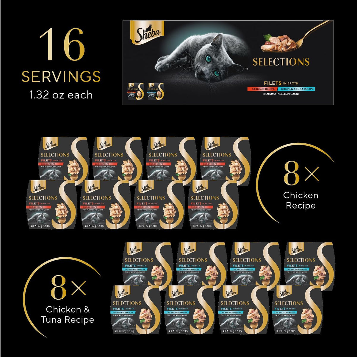 Sheba Selections Filets in Broth Adult Wet Cat Meal Complement Chicken or Tuna Recipe, 1.3 oz.